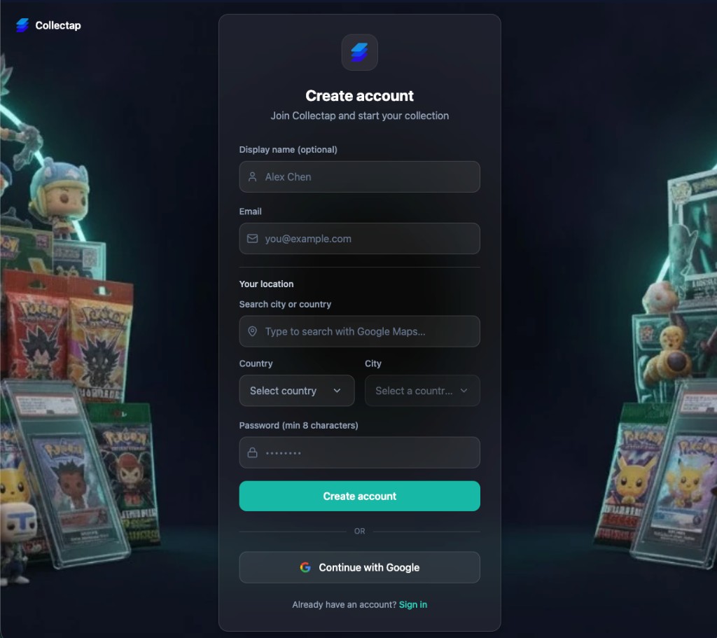 Collectap create account screen with display name, email, location, and Google sign-up